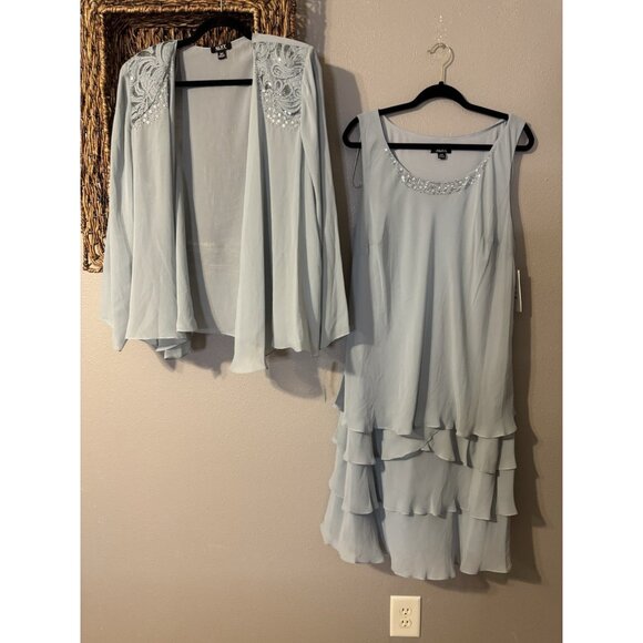 SLNY Jacket & Dress 14 Aloe Blue Ruffled Party Wedding Cruise Flowy NEW - Picture 8 of 16